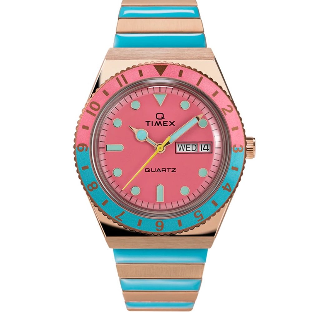 NEW! Q Timex Malibu 36mm Stainless Steel Expansion Band Watch Blue Pink